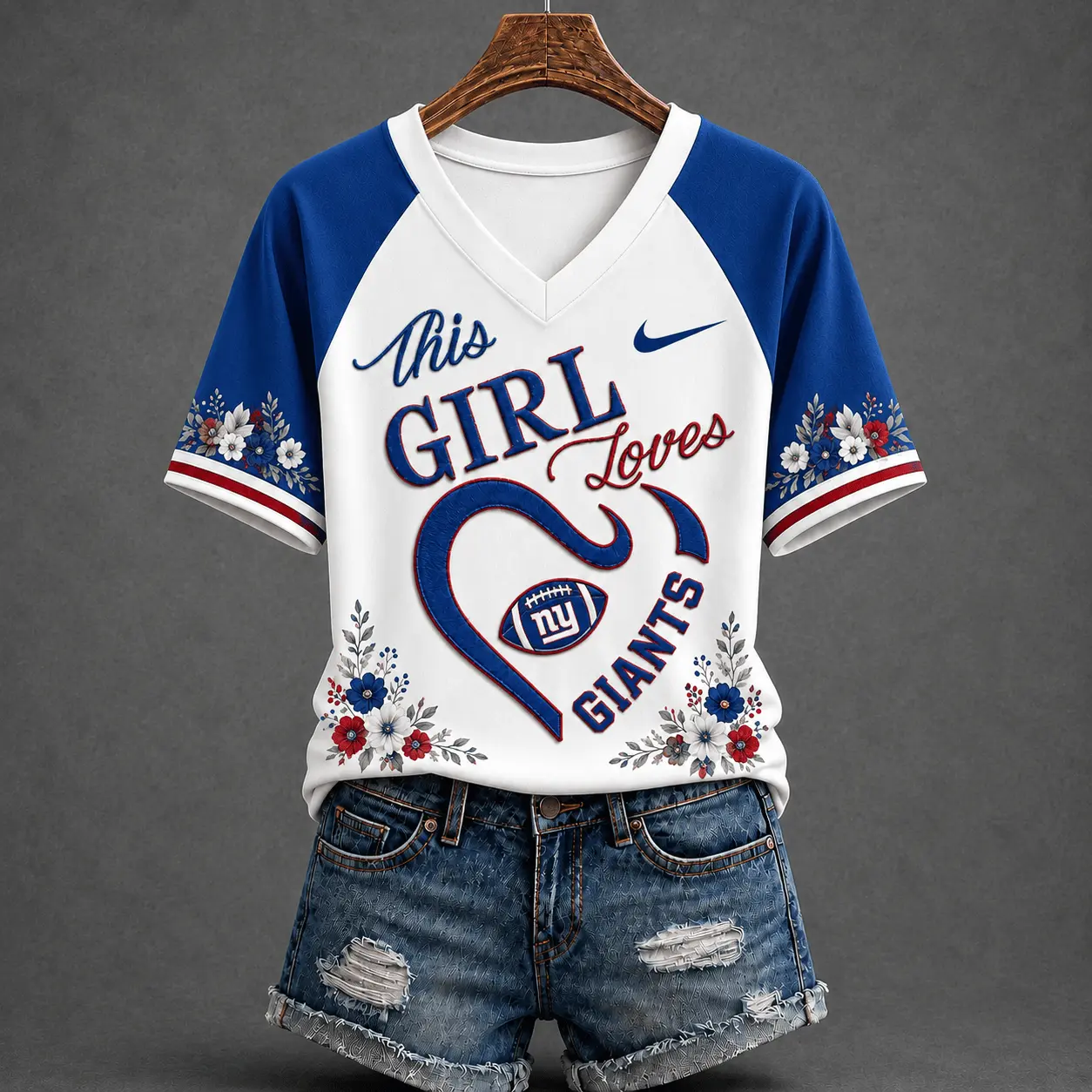 New York Giants | Premium NFL This Girl Loves Football Floral V-Neck TD