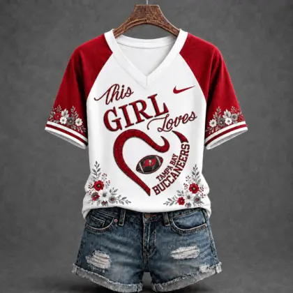 Tampa Bay Buccaneers | Premium NFL This Girl Loves Football Floral V-Neck TD