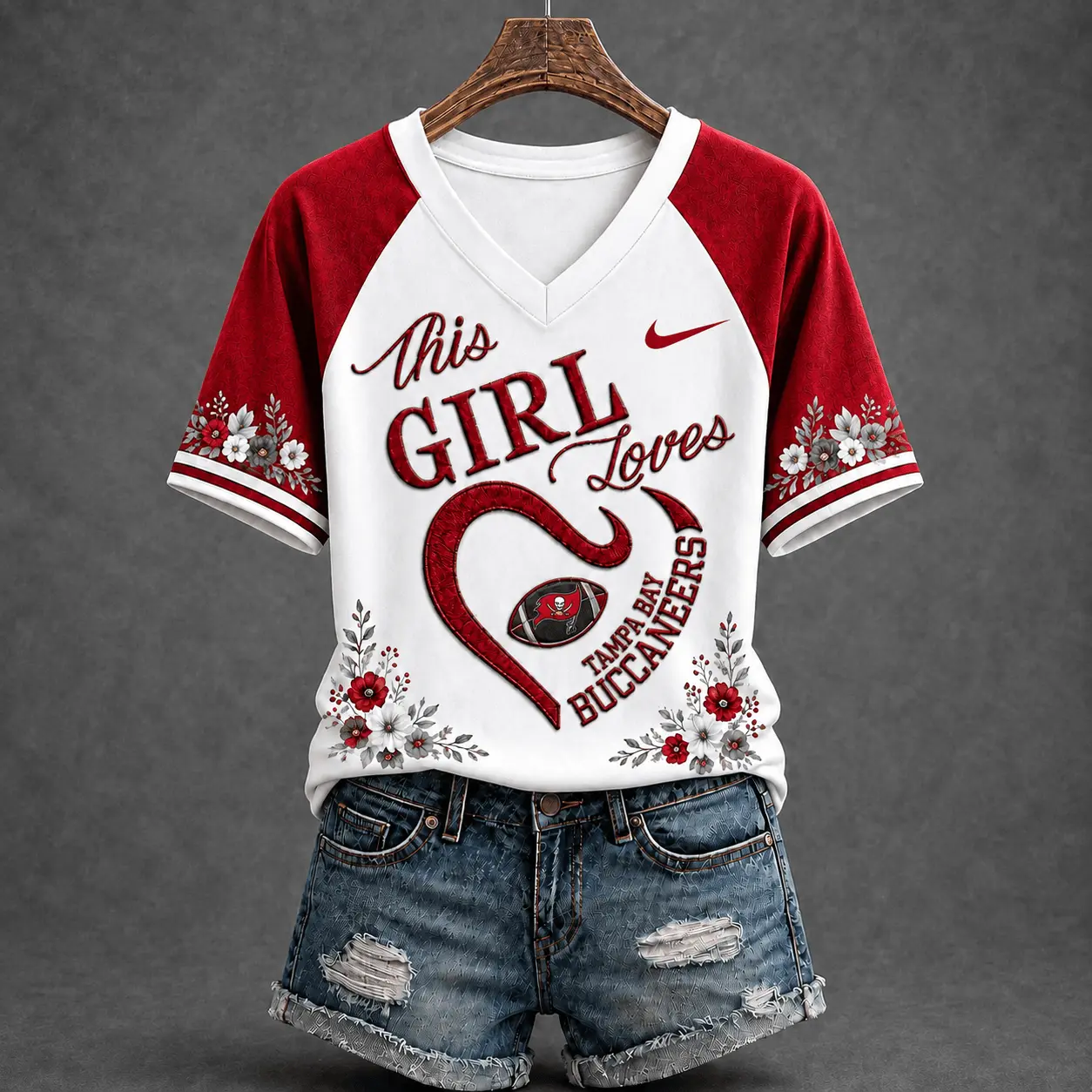 Tampa Bay Buccaneers | Premium NFL This Girl Loves Football Floral V-Neck TD