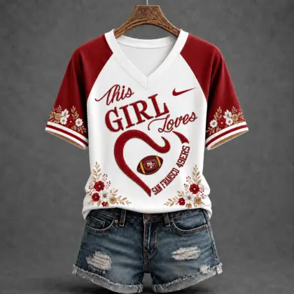 San Francisco 49ers | Premium NFL This Girl Loves Football Floral V-Neck TD