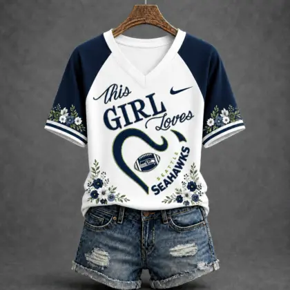 Seattle Seahawks | Premium NFL This Girl Loves Football Floral V-Neck TD