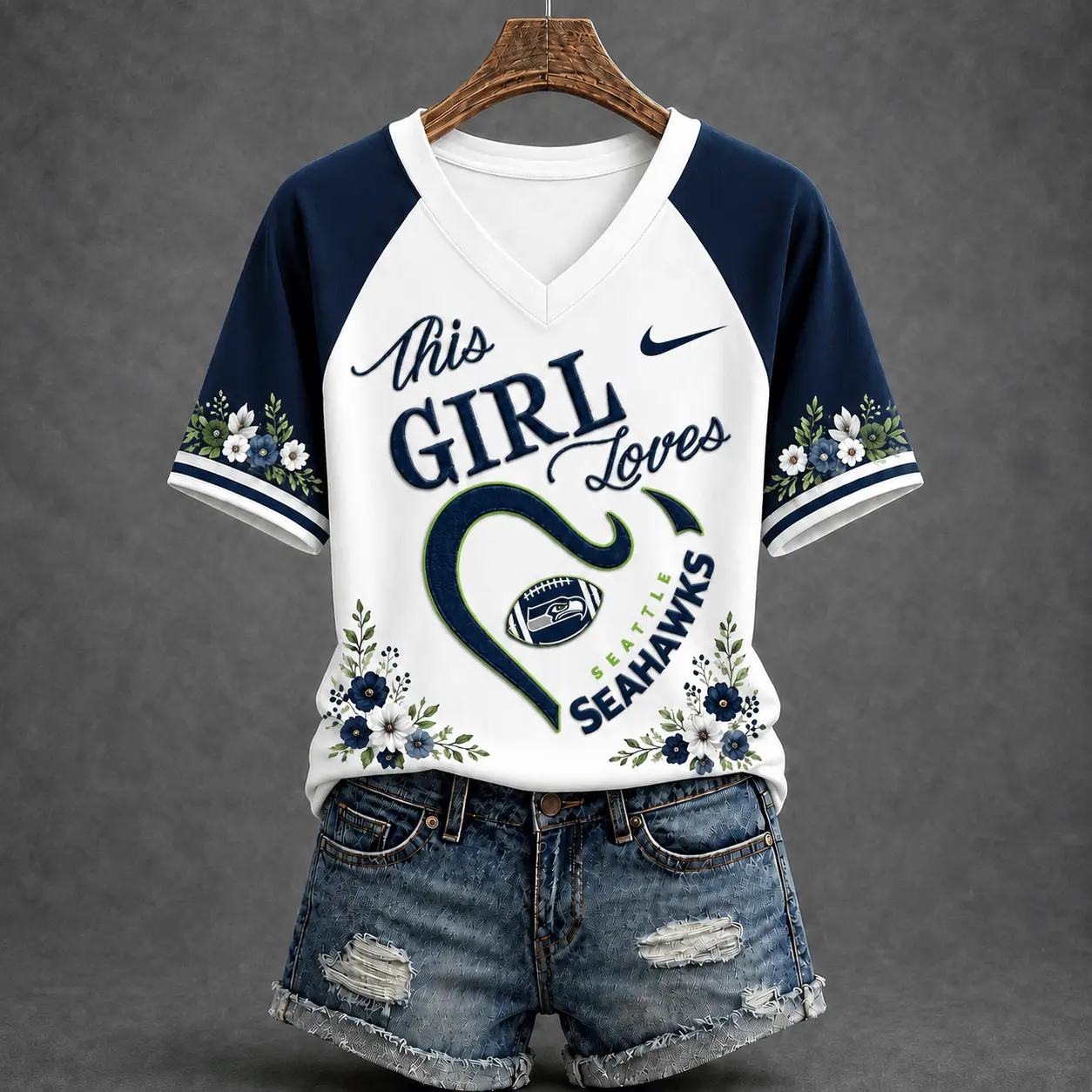 Seattle Seahawks | Premium NFL This Girl Loves Football Floral V-Neck TD