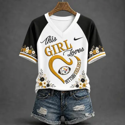 Pittsburgh Steelers | Premium NFL This Girl Loves Football Floral V-Neck TD