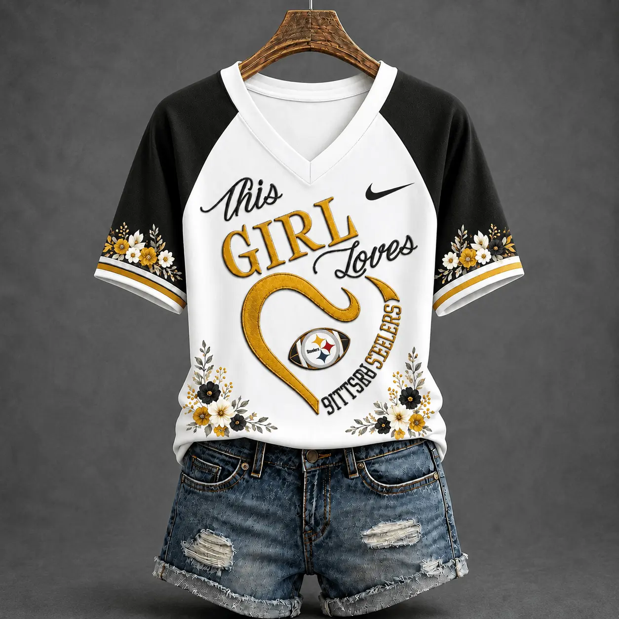 Pittsburgh Steelers | Premium NFL This Girl Loves Football Floral V-Neck TD