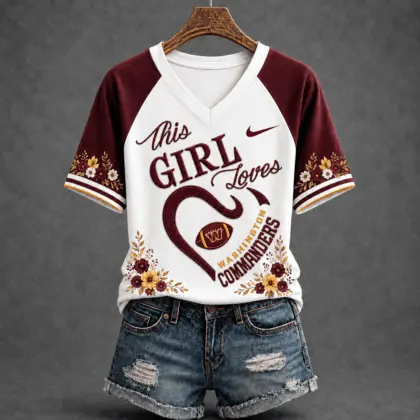 Washington Commanders | Premium NFL This Girl Loves Football Floral V-Neck TD