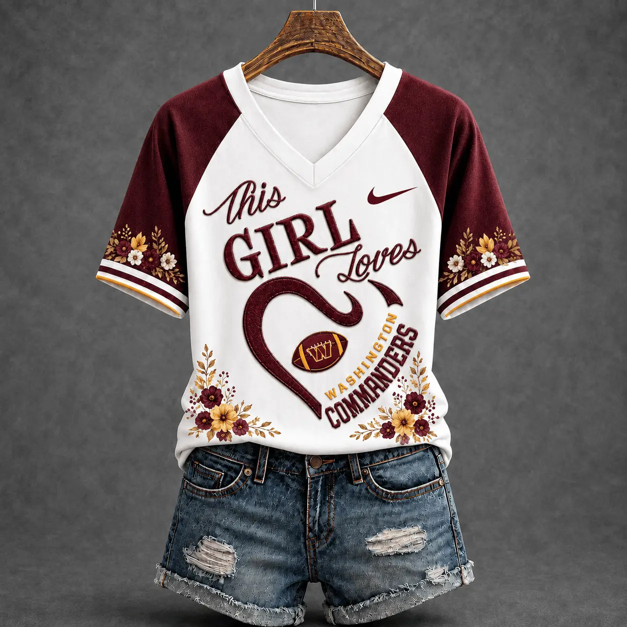 Washington Commanders | Premium NFL This Girl Loves Football Floral V-Neck TD
