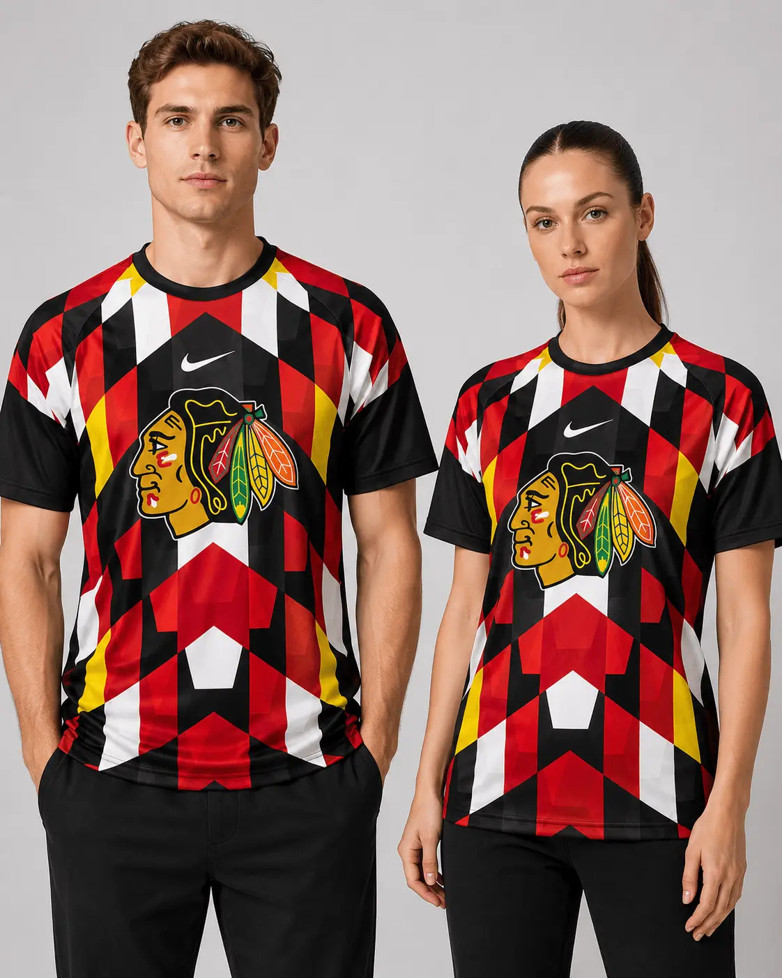 Chicago Blackhawks | Premium NHL Vintage Diamond Grid Hockey T-Shirt NDN - Image 2