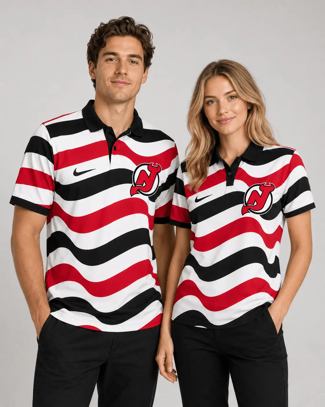 New Jersey Devils | Premium NHL Retro Wavy Stripe Short Sleeve Polo Shirt NDN - Image 2