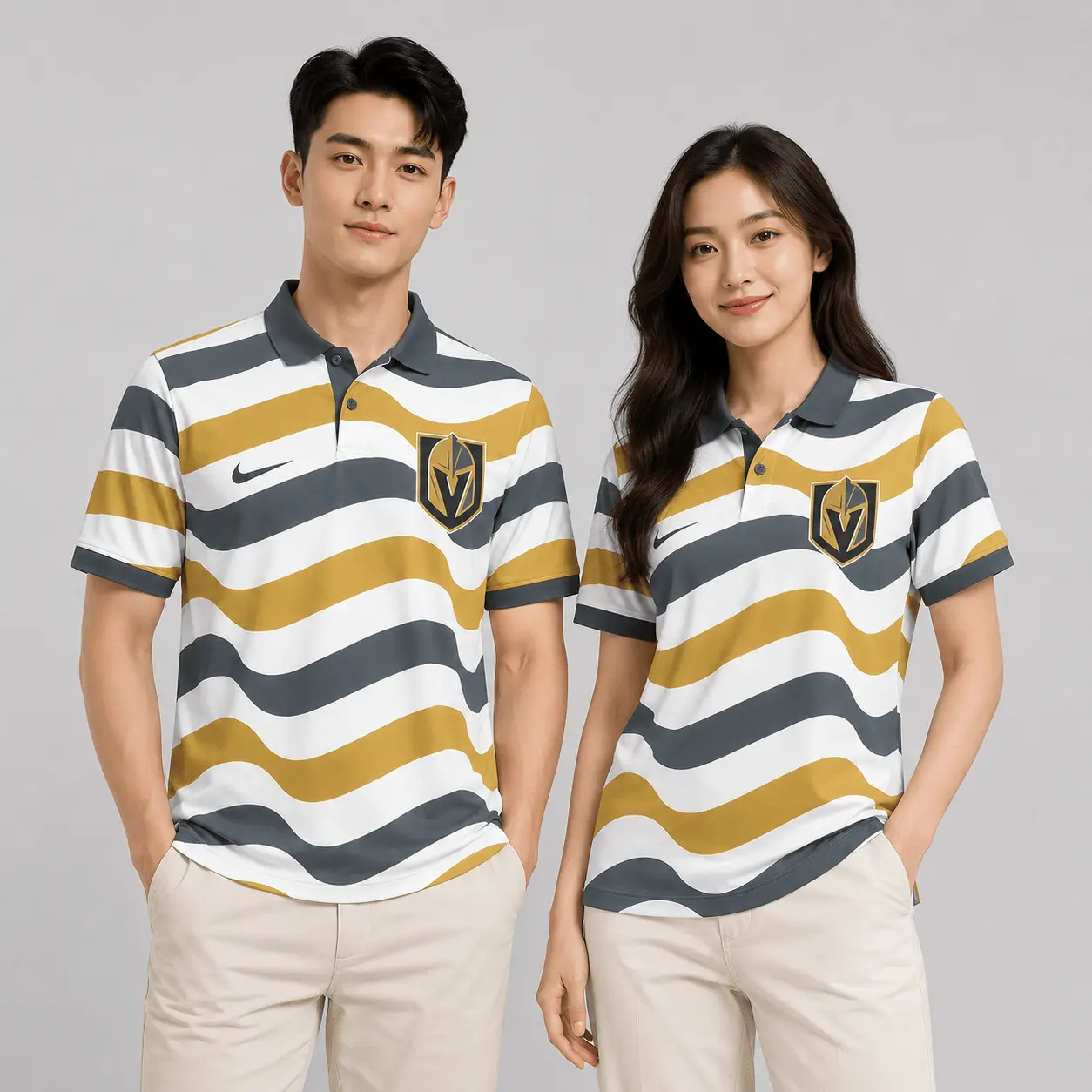 Vegas Golden Knights | Premium NHL Retro Wavy Stripe Short Sleeve Polo Shirt NDN - Image 2