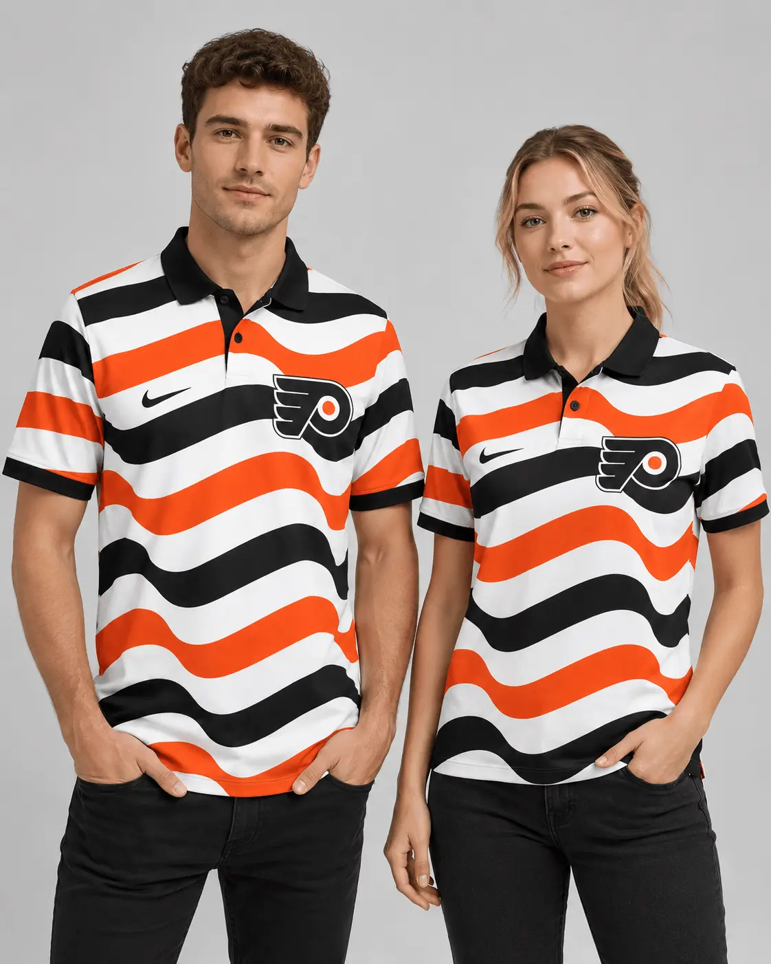 Philadelphia Flyers | Premium NHL Retro Wavy Stripe Short Sleeve Polo Shirt NDN - Image 2