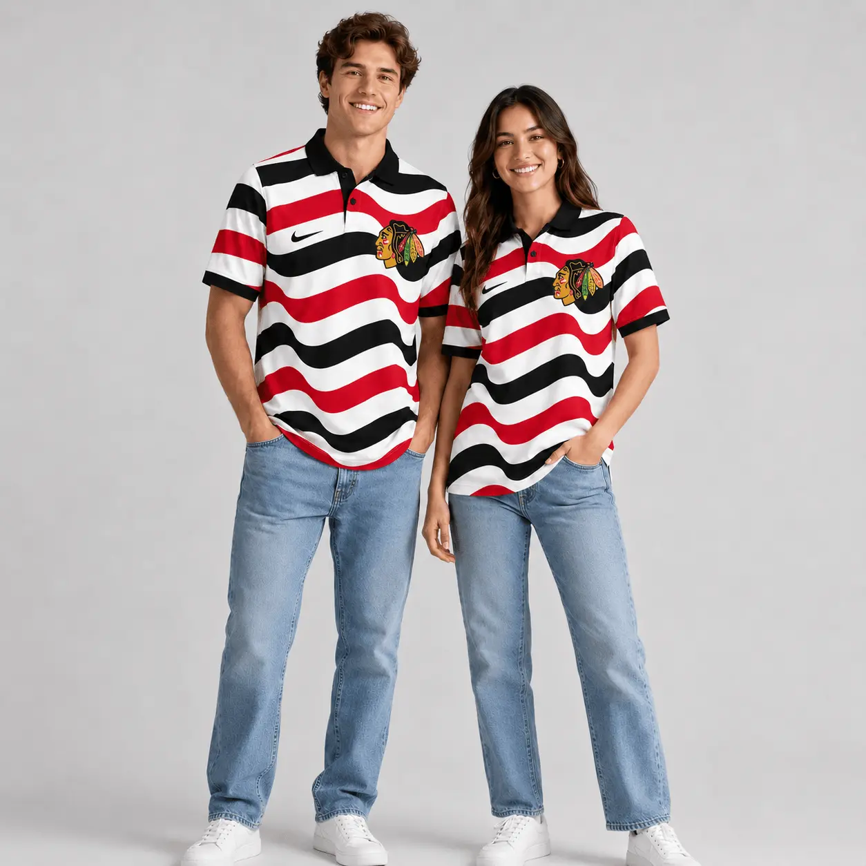 Chicago Blackhawks | Premium NHL Retro Wavy Stripe Short Sleeve Polo Shirt NDN - Image 2