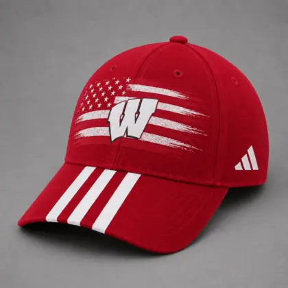Wisconsin Badgers | Premium NCAA American Flag Brush Logo Performance Cap