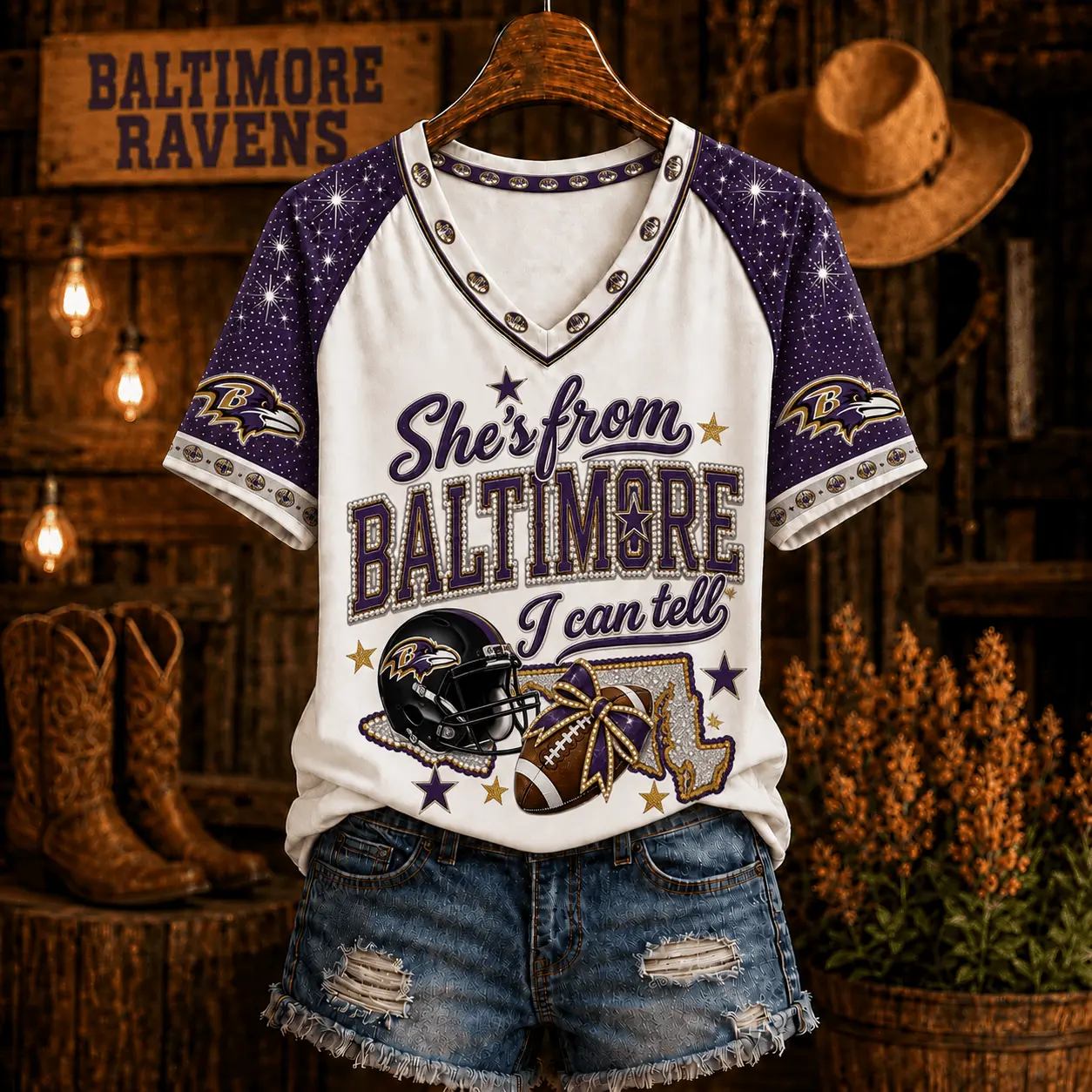 Baltimore Ravens | Premium NFL Home State Bow Girl V-Neck TD