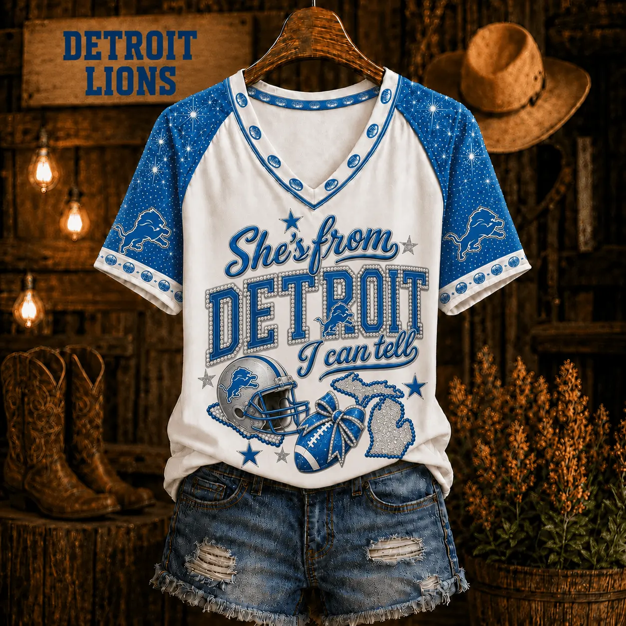 Detroit Lions | Premium NFL Home State Bow Girl V-Neck TD
