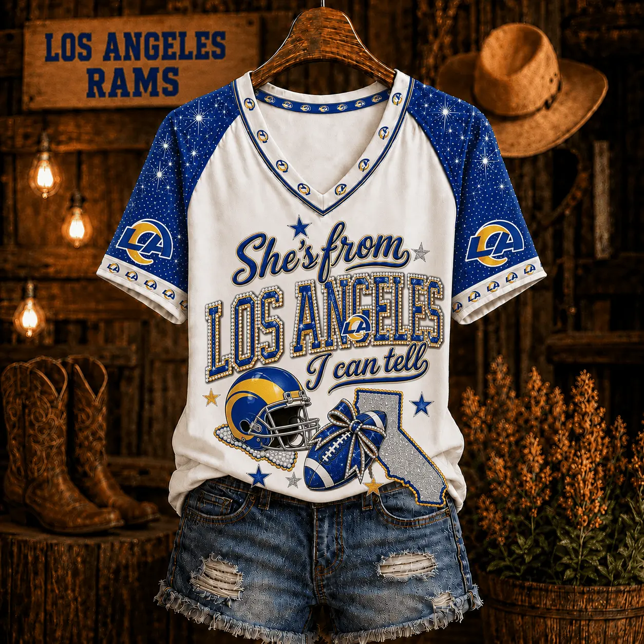 Los Angeles Rams | Premium NFL Home State Bow Girl V-Neck TD