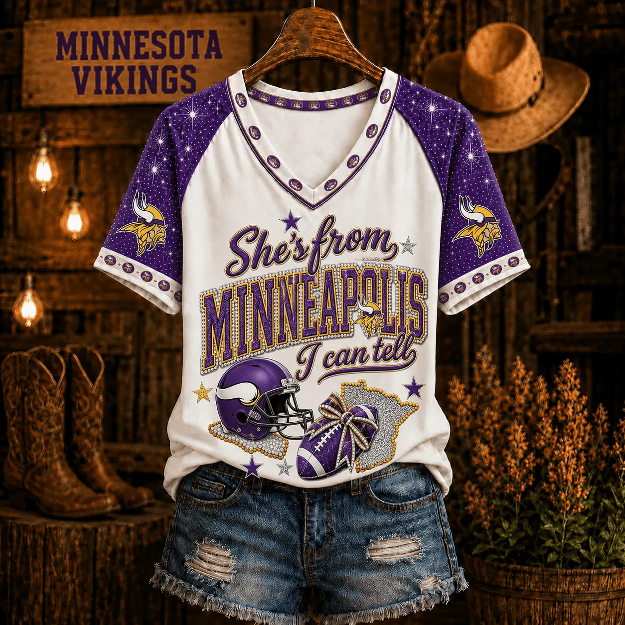 Minnesota Vikings | Premium NFL Home State Bow Girl V-Neck TD