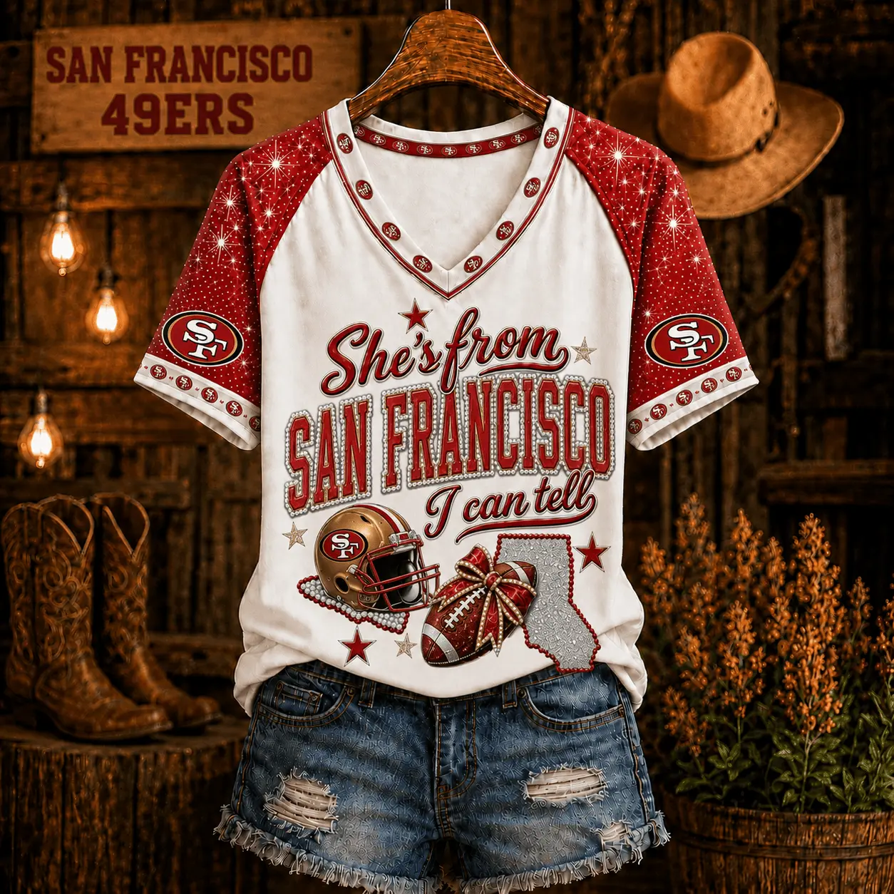 San Francisco 49ers | Premium NFL Home State Bow Girl V-Neck TD
