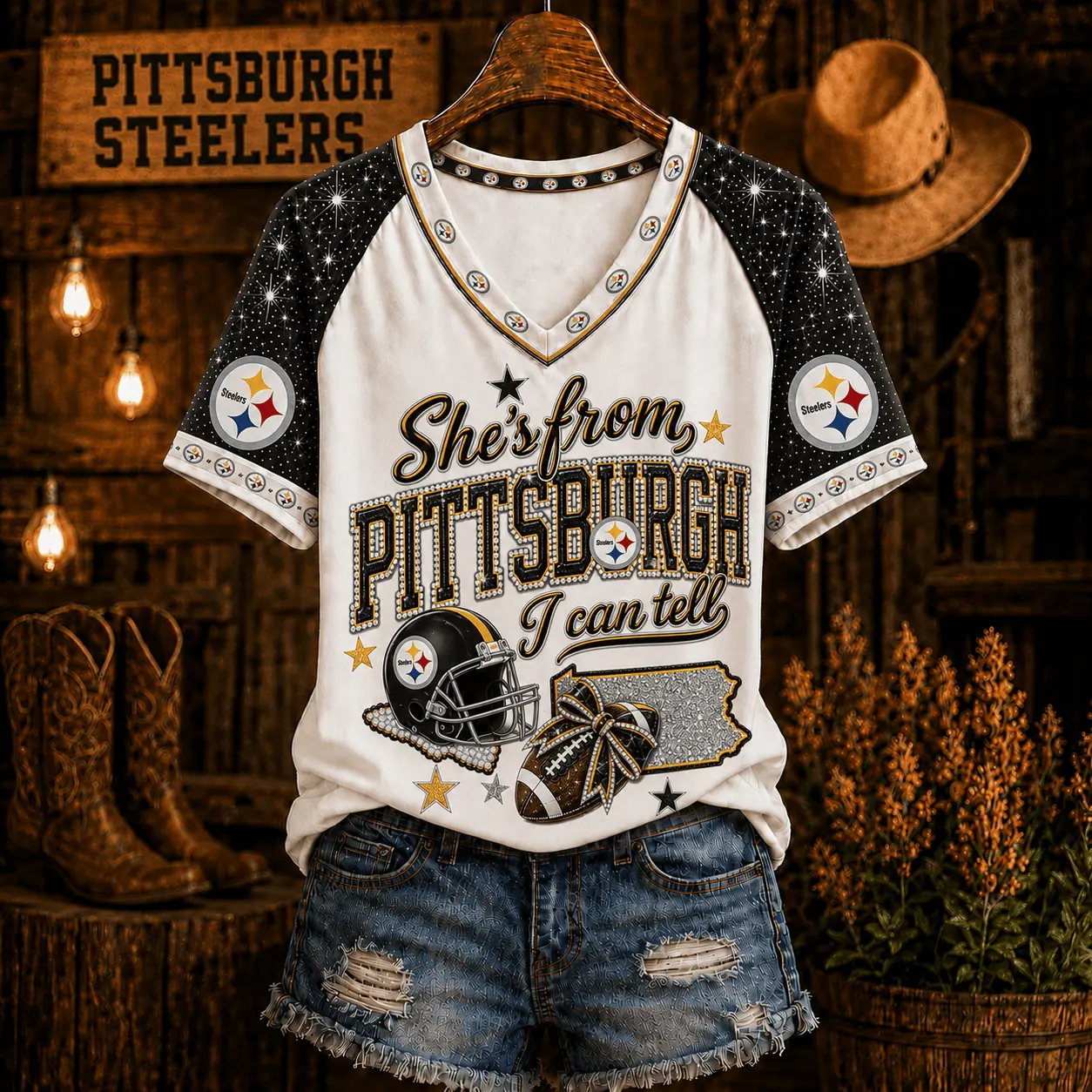 Pittsburgh Steelers | Premium NFL Home State Bow Girl V-Neck TD