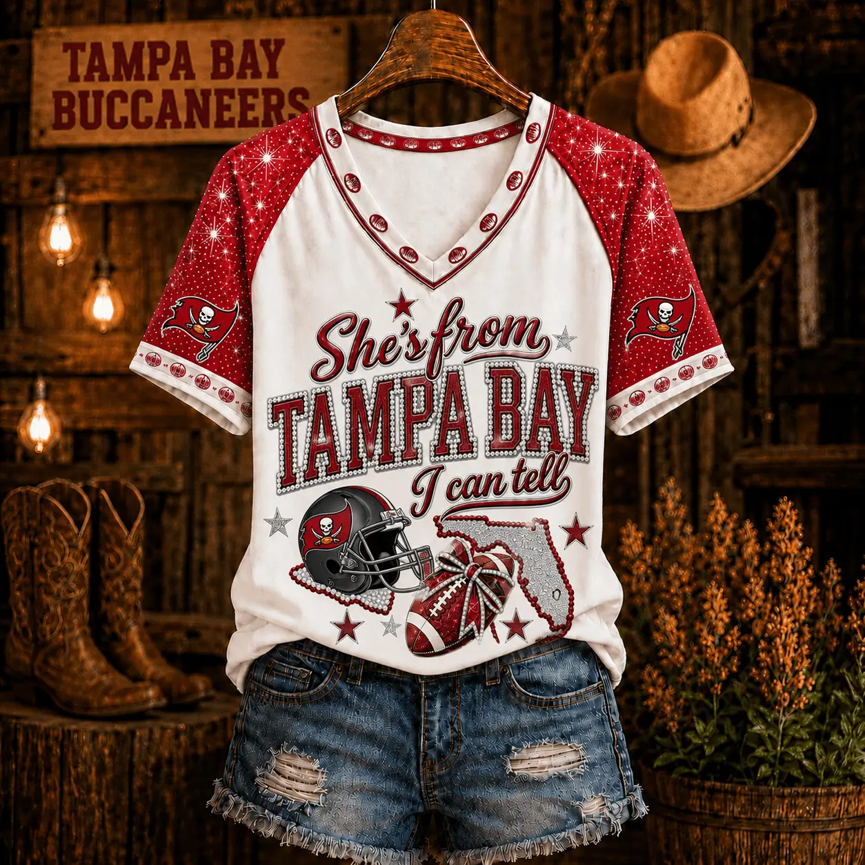 Tampa Bay Buccaneers | Premium NFL Home State Bow Girl V-Neck TD