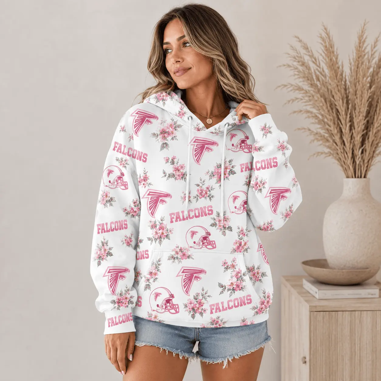 Atlanta Falcons | Premium NFL Pink Floral Team Pride Hoodie TD - Image 2
