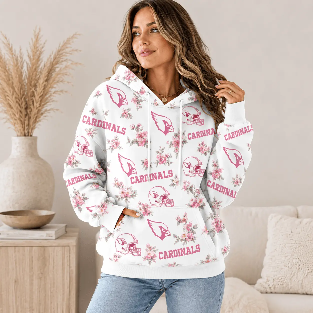 Arizona Cardinals | Premium NFL Pink Floral Team Pride Hoodie TD - Image 2