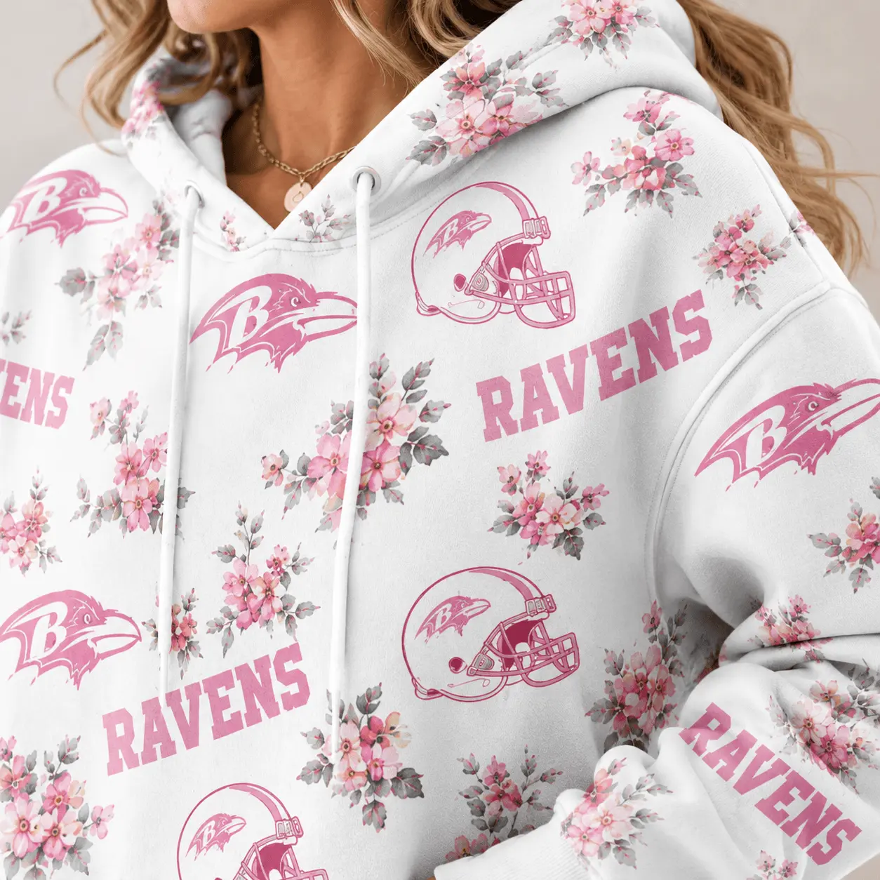 Baltimore Ravens | Premium NFL Pink Floral Team Pride Hoodie TD - Image 3