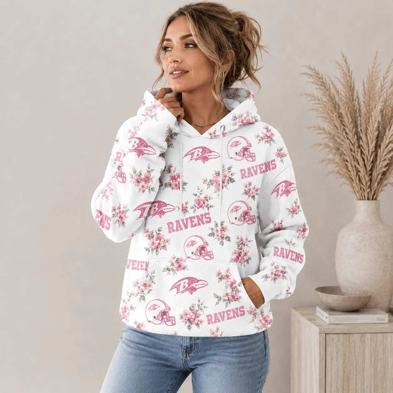 Baltimore Ravens | Premium NFL Pink Floral Team Pride Hoodie TD - Image 2