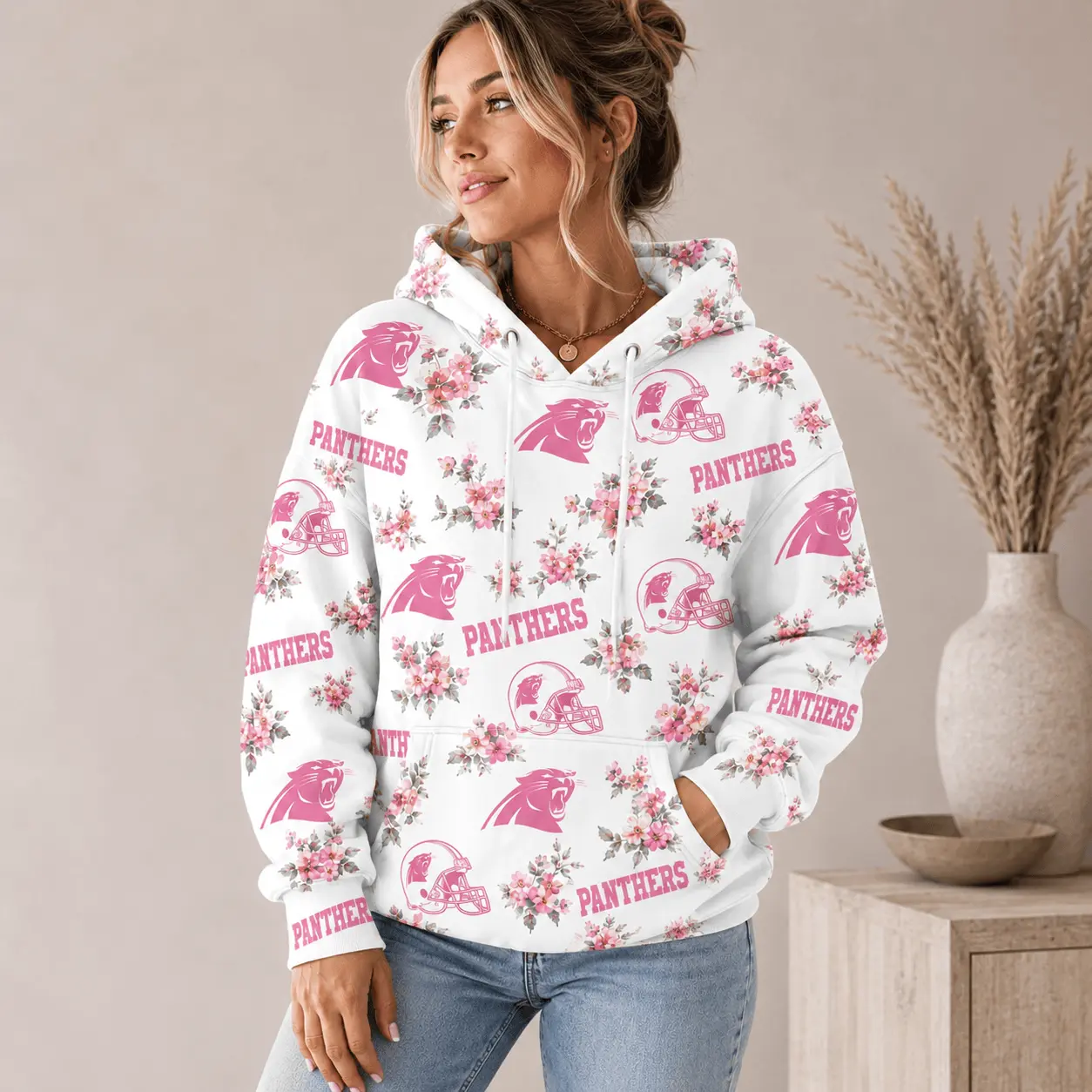 Carolina Panthers | Premium NFL Pink Floral Team Pride Hoodie TD - Image 2