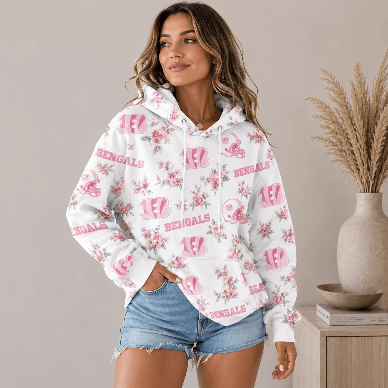 Cincinnati Bengals | Premium NFL Pink Floral Team Pride Hoodie TD - Image 2