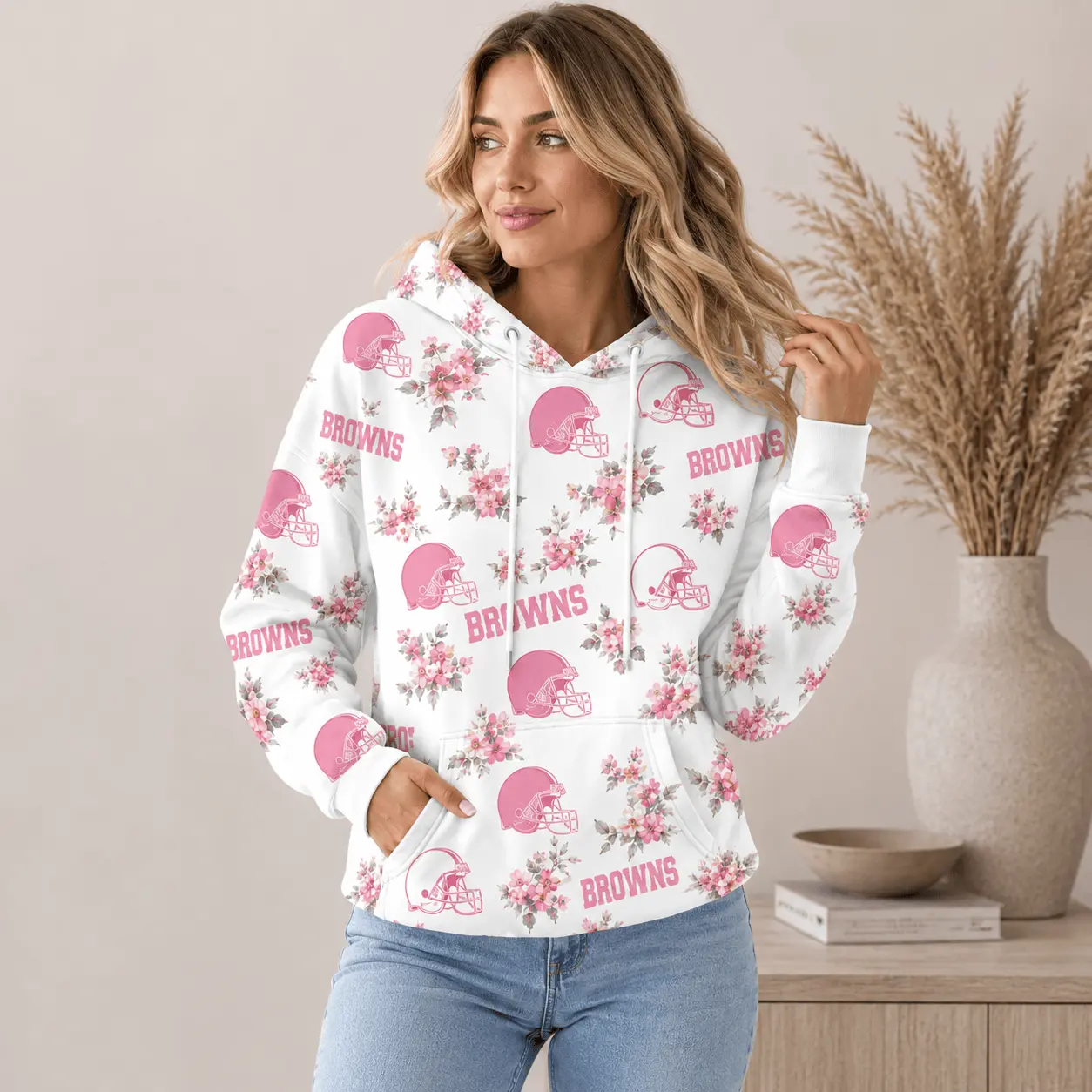 Cleveland Browns | Premium NFL Pink Floral Team Pride Hoodie TD - Image 2