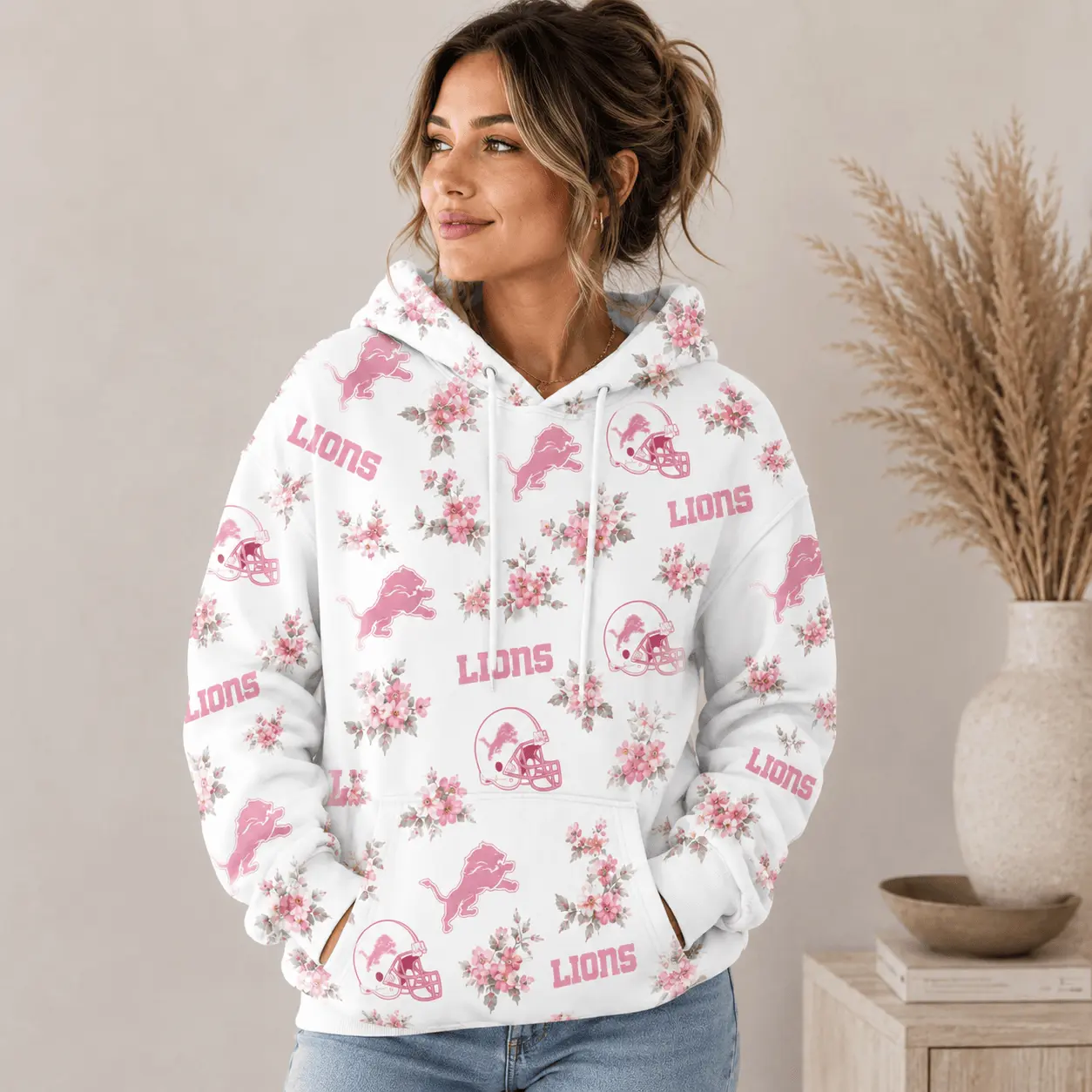 Detroit Lions | Premium NFL Pink Floral Team Pride Hoodie TD - Image 2