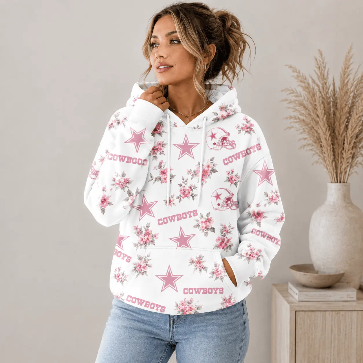 Dallas Cowboys | Premium NFL Pink Floral Team Pride Hoodie TD - Image 2