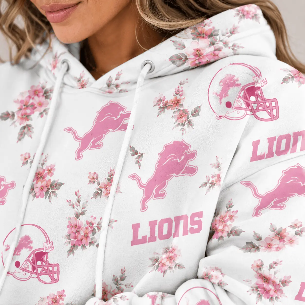 Detroit Lions | Premium NFL Pink Floral Team Pride Hoodie TD - Image 3