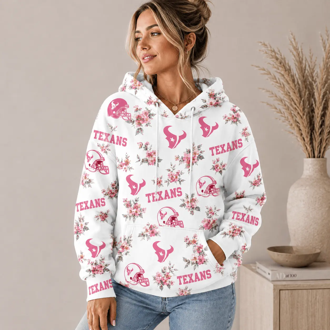 Houston Texans | Premium NFL Pink Floral Team Pride Hoodie TD - Image 2