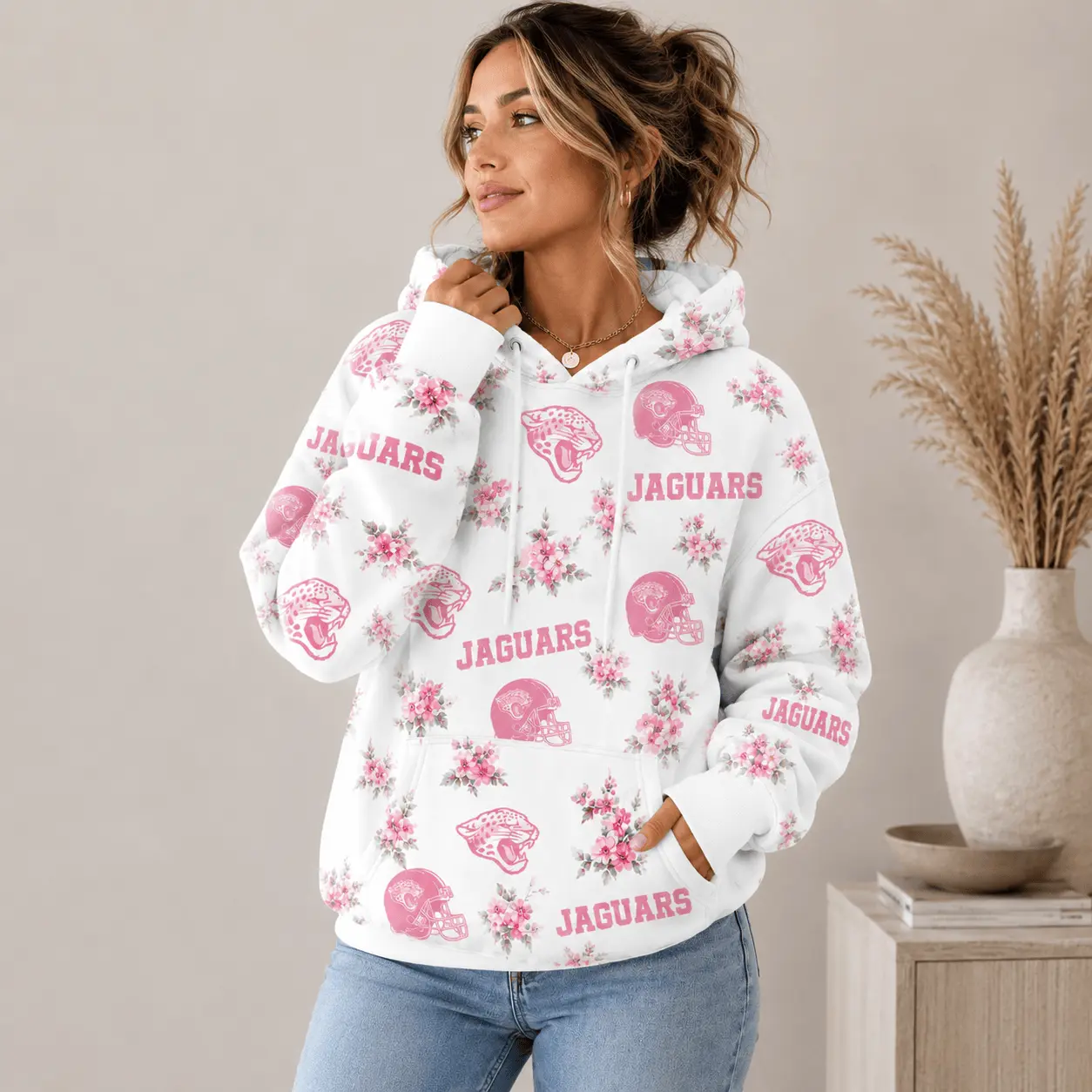 Jacksonville Jaguars | Premium NFL Pink Floral Team Pride Hoodie TD - Image 2
