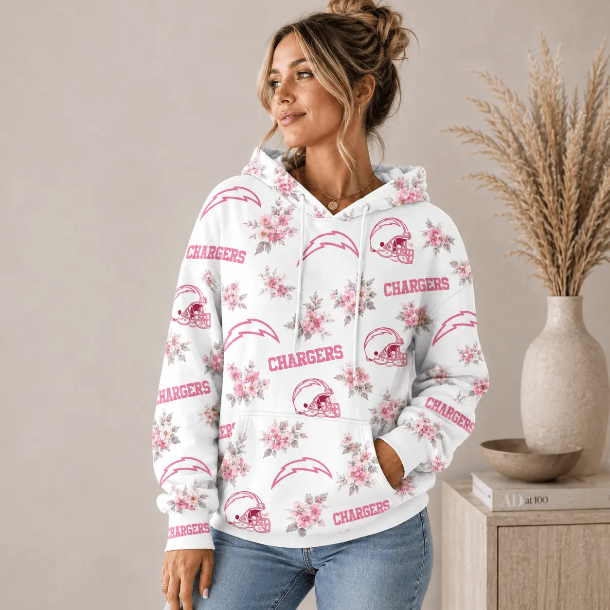 Los Angeles Chargers | Premium NFL Pink Floral Team Pride Hoodie TD - Image 2