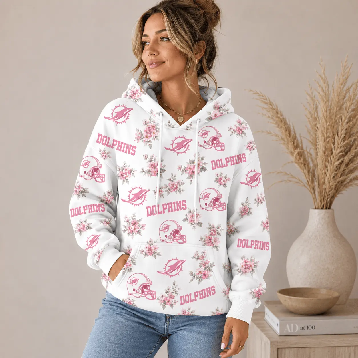 Miami Dolphins | Premium NFL Pink Floral Team Pride Hoodie TD - Image 2