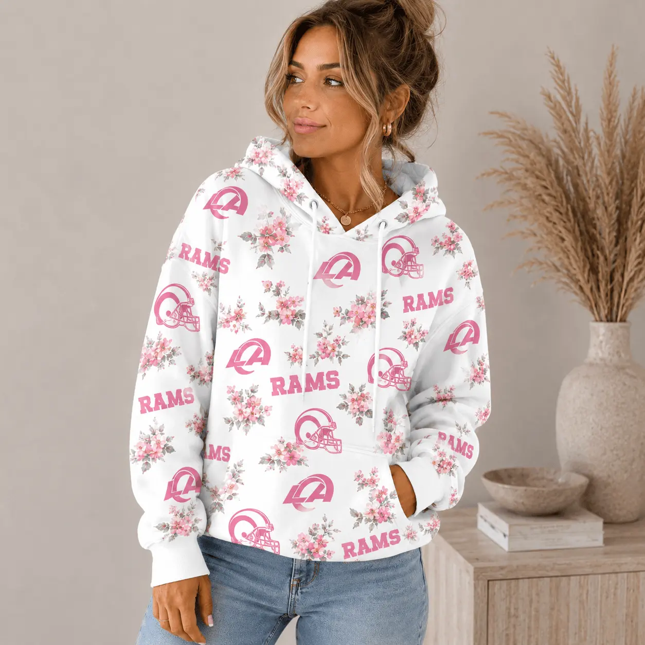 Los Angeles Rams | Premium NFL Pink Floral Team Pride Hoodie TD - Image 2