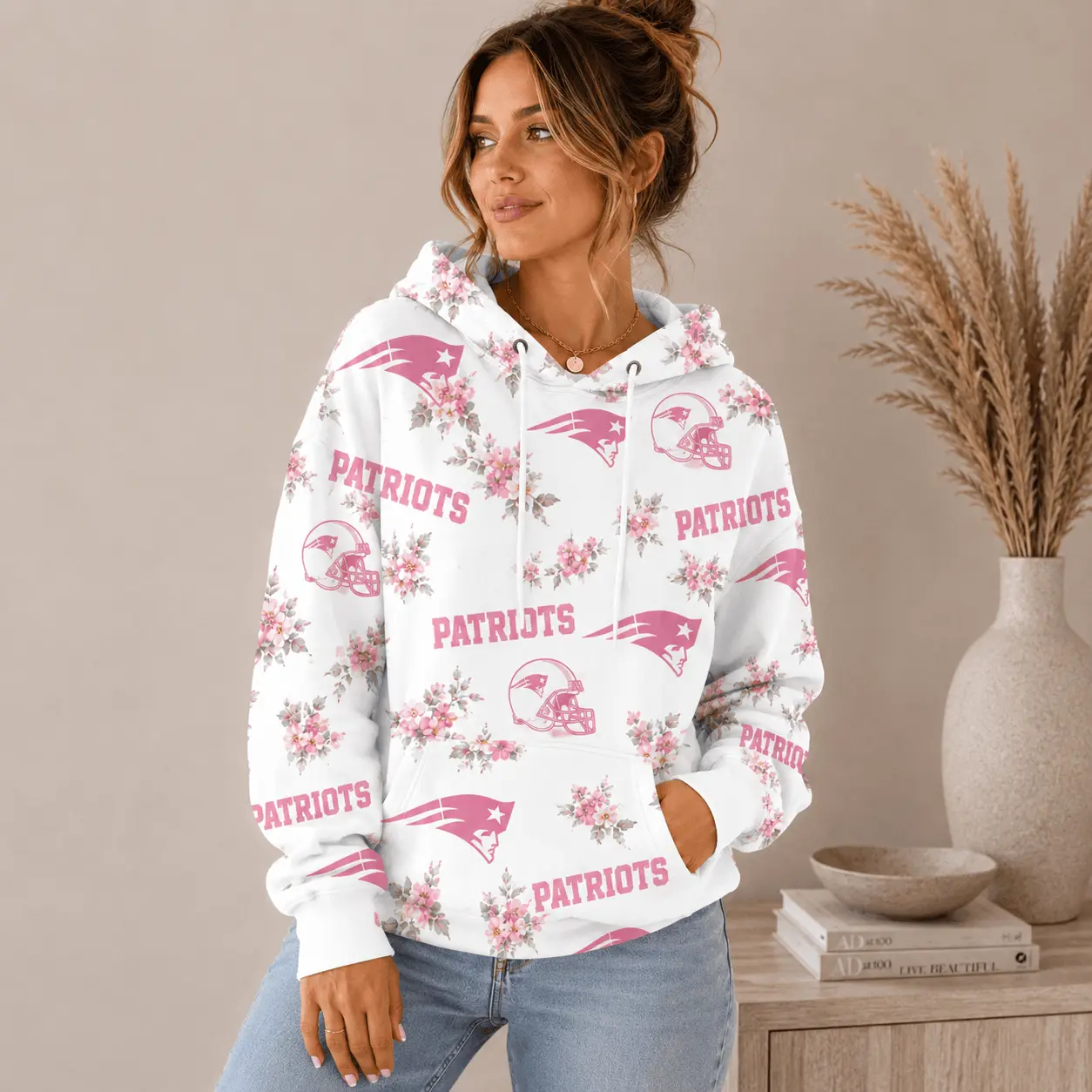 New England Patriots | Premium NFL Pink Floral Team Pride Hoodie TD - Image 2