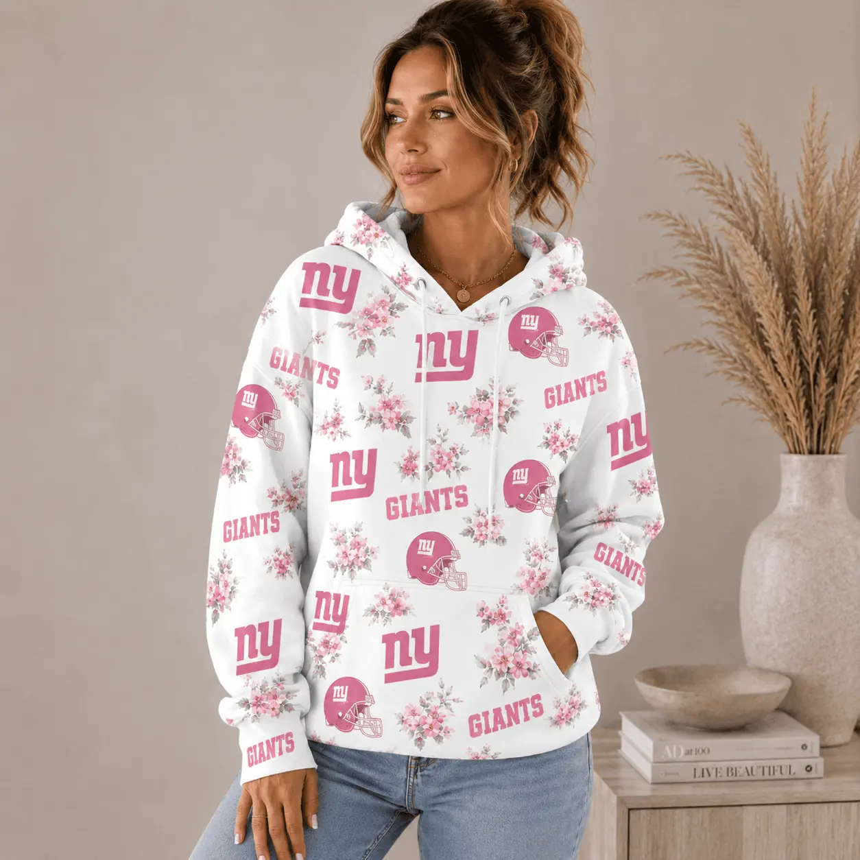 New York Giants | Premium NFL Pink Floral Team Pride Hoodie TD - Image 2