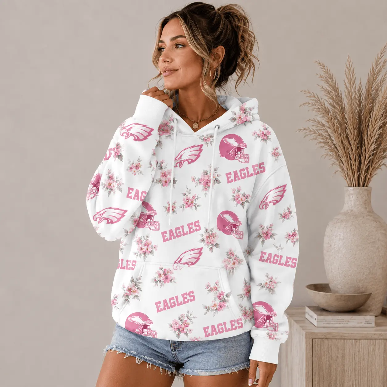 Philadelphia Eagles | Premium NFL Pink Floral Team Pride Hoodie TD - Image 2