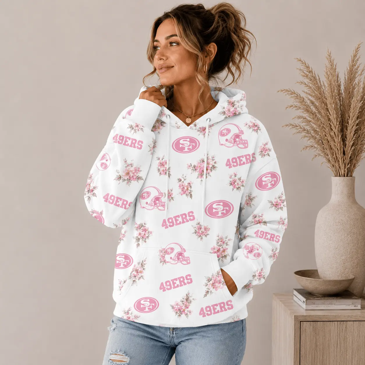 San Francisco 49ers | Premium NFL Pink Floral Team Pride Hoodie TD - Image 2