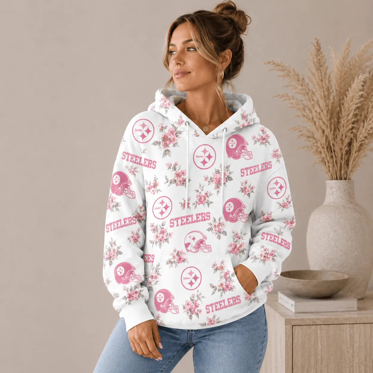 Pittsburgh Steelers | Premium NFL Pink Floral Team Pride Hoodie TD - Image 2