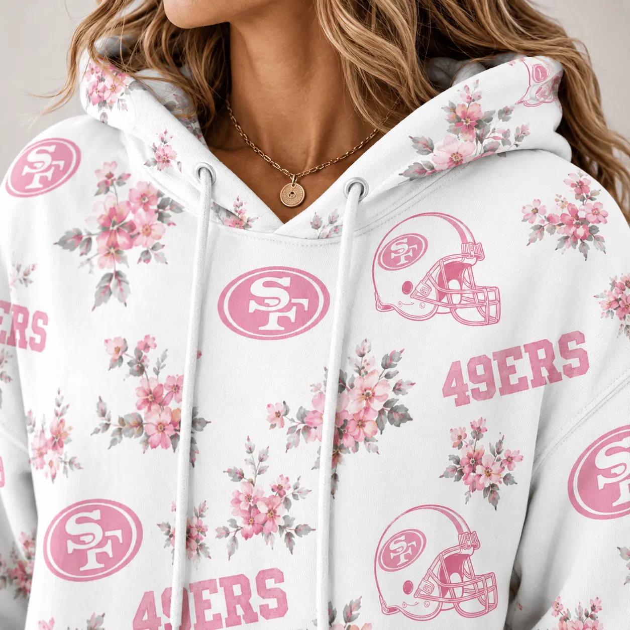 San Francisco 49ers | Premium NFL Pink Floral Team Pride Hoodie TD - Image 3