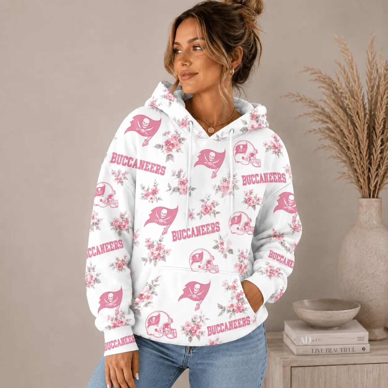 Tampa Bay Buccaneers | Premium NFL Pink Floral Team Pride Hoodie TD - Image 2