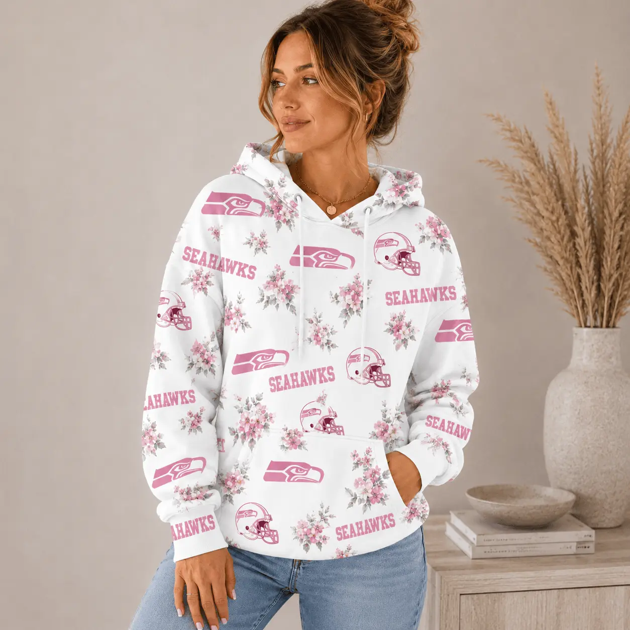 Seattle Seahawks | Premium NFL Pink Floral Team Pride Hoodie TD - Image 2