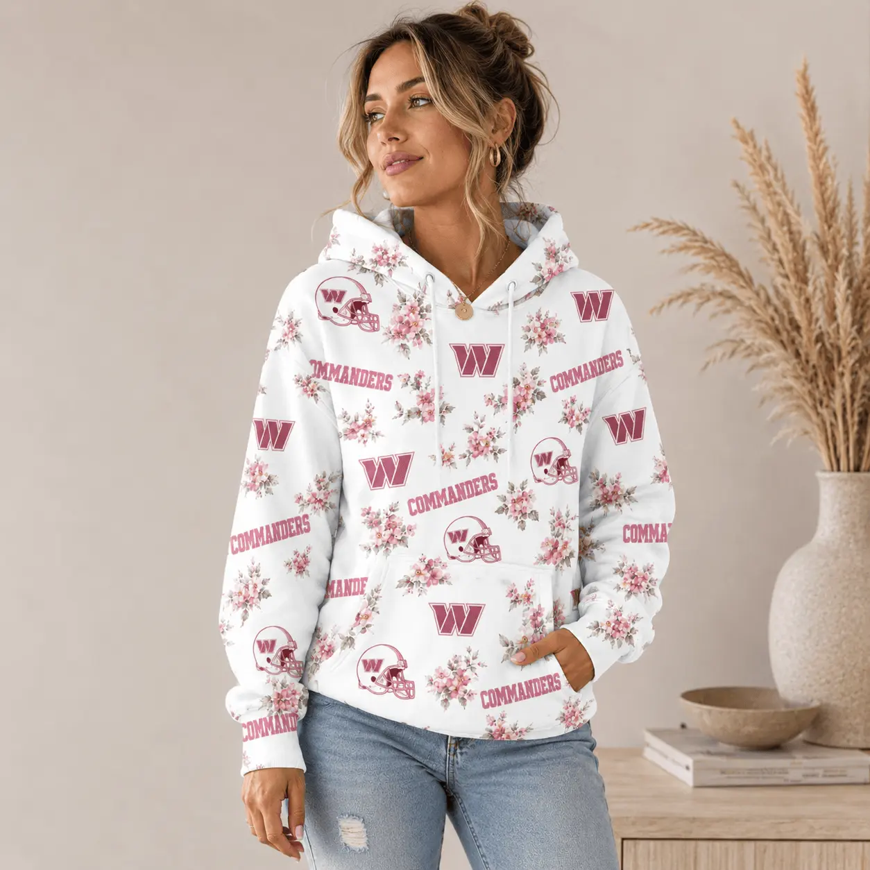 Washington Commanders | Premium NFL Pink Floral Team Pride Hoodie TD - Image 2