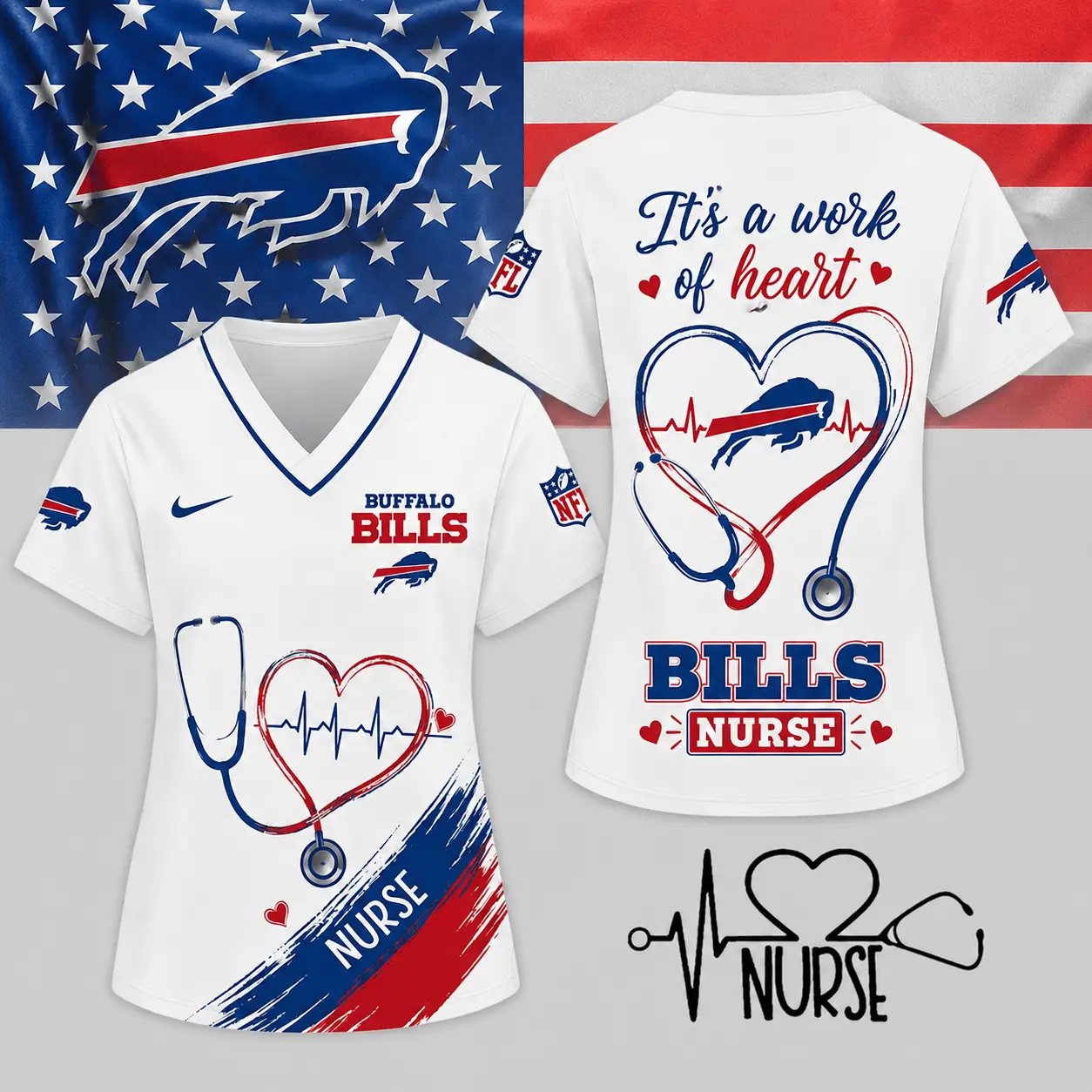 Buffalo Bills | Premium NFL Nurse Work of Heart V-Neck Shirt NY