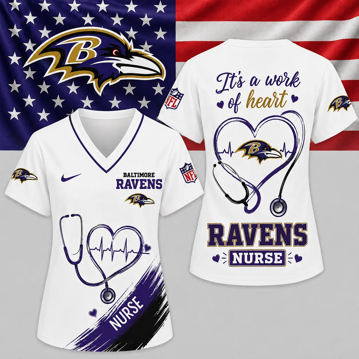 Baltimore Ravens | Premium NFL Nurse Work of Heart V-Neck Shirt NY