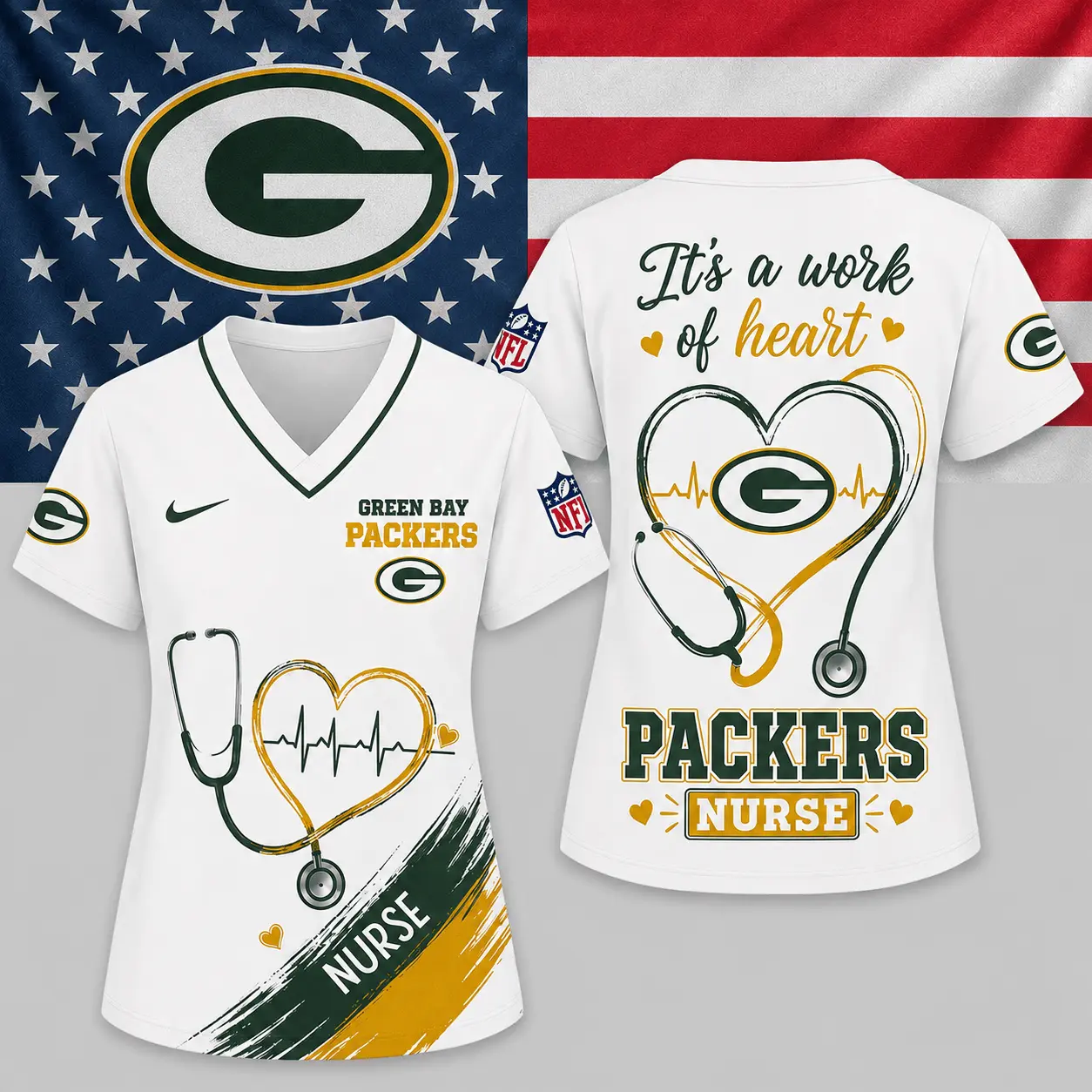 Green Bay Packers | Premium NFL Nurse Work of Heart V-Neck Shirt NY